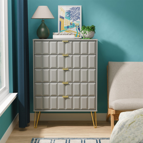 Clearance Cube 5 Drawer Chest - Dusk Grey Matt/Gold Handles & Legs (2x in stock) Clearance Cube 5 Drawer Chest - Dusk Grey Matt/Gold Handles & Legs (2x in stock)
