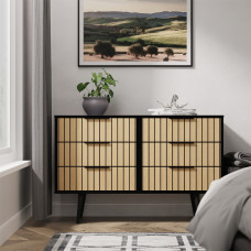 Clearance Fiji 6 Drawer Midi Chest - Black Base With Oak Slatted Front Effect - DISCONTINUED