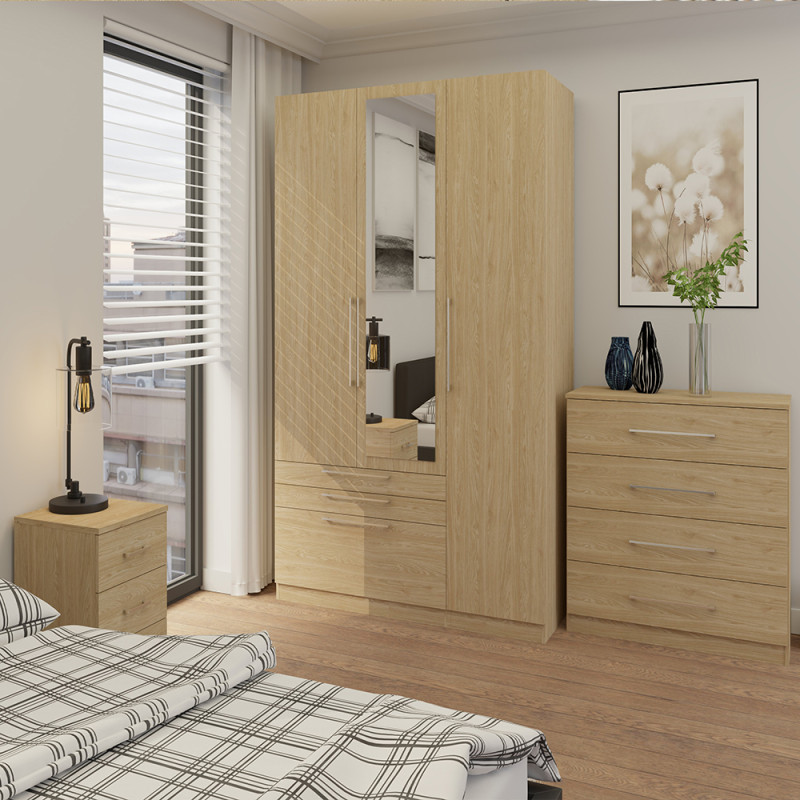 Parma Oak 3 Door Mirrored Wardrobe With 3 Drawers