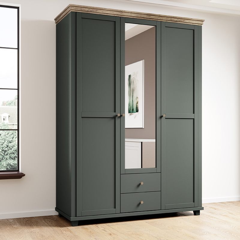 Essence Green Matt Finish & Oak 3 Door 2 Drawer Mirrored Wardrobe