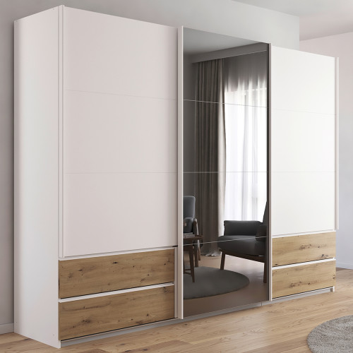 Elara 271cm 3 Door with Oak Drawers (Alpine White/Grey Mirror)